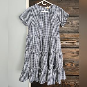 Downeast Navy Checkered Tiered Short Sleeve Knee Length Dress size medium